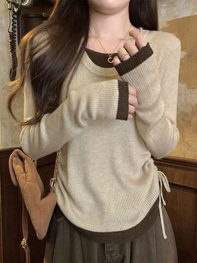 Spring Korean U-Neck Drawstring Contrast Color 2 In 1 Sweater Knit Top For Women