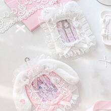 Rosyposy K-POP Fluffy Lace Photocard Holder 3.5" With Keychain - Cute Double-Sided Idol Card Protector Sleeve For Backpack, Purse, School Supplies,Back To School