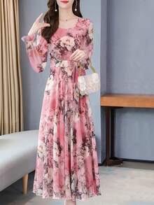 Đầm dài tay in họa tiết dành cho nữ, đầm dài thanh lịch tôn dáng, đầm chiffon hoa văn sang trọng, đầm nữ mùa xuân nghỉ lễ. - Màu Hồng  Dưa hấu - Xem 3