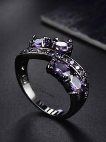 1 件优雅精致的紫色方晶锆石双排戒指，送给女友/情人节的礼物 - 紫色 - 查看 3