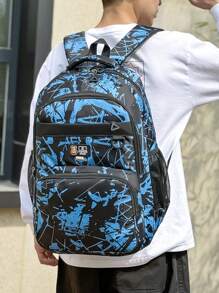 Casual Large Capacity Backpack With Colorblock Pattern & Multiple Pockets, Suitable For Outdoor Sports And Short-Distance Travel, For Men School Bag