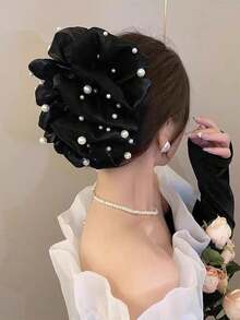 1 件优雅珍珠点缀多层蝴蝶结发夹发圈，大号爪夹马尾辫夹，泡泡网设计，适合正式活动、派对、聚会，是情人节、感恩节、生日、节日的理想礼物 - 黑色 - 查看 4