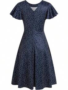 Vestido de cóctel de longitud hasta la rodilla con bolsillos, manga con volantes y escote en V en la espalda, estilo de trabajo ajustado y acampanado, para mujer, estilo 2025 - Lunares marinos - Ver 4