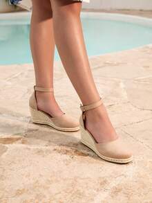 Tropiscape 女士极简主义踝带草编鞋，休闲度假风，毛绒金属扣杏色绒面革绳底女士杏色坡跟厚底鞋，营造度假氛围，放松身心，海滩休闲，秋季圣诞节，冬季圣诞礼物 - 杏色 - 查看 4