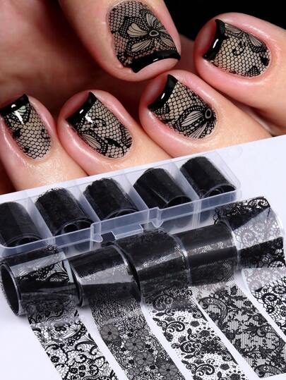 10 Rolls/Box Lace Nail Foils Black Transfer Paper Sexy Nail Art Stickers Stripe Lace Manicure Decals Nails Decoration