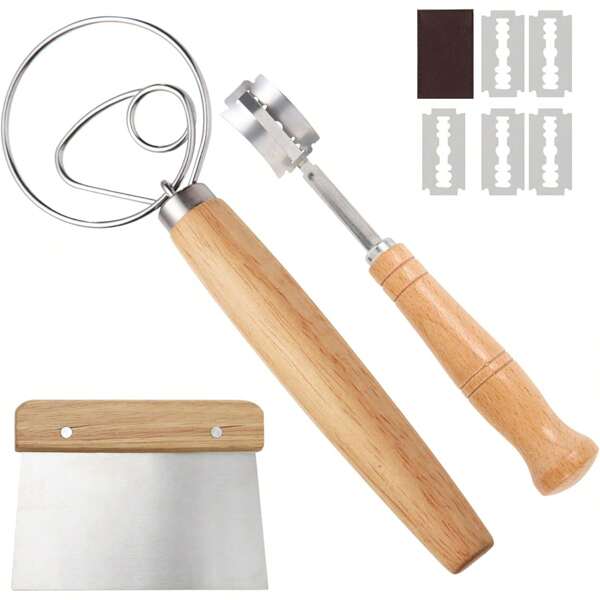 3 teiliges Set bestehend aus dänischem Teighaken, Arbeitsflächen Schaber und Brotlaibe Scoring Werkzeug, Sauerteig Brotbackzubehör Starter Set mit holländischem Schneebesen, Teigschneider, Teigscoring Werkzeug mit 5 Klingen