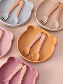 PopLittleOne 3件装婴儿硅胶餐具套装木柄勺子叉子卡通小熊碗碟零食盘喂食学习婴儿用品