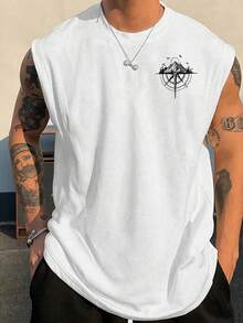 GRDR Men's Summer Casual Compass & Mountain Print Round Neck Tank Top - White - View 3
