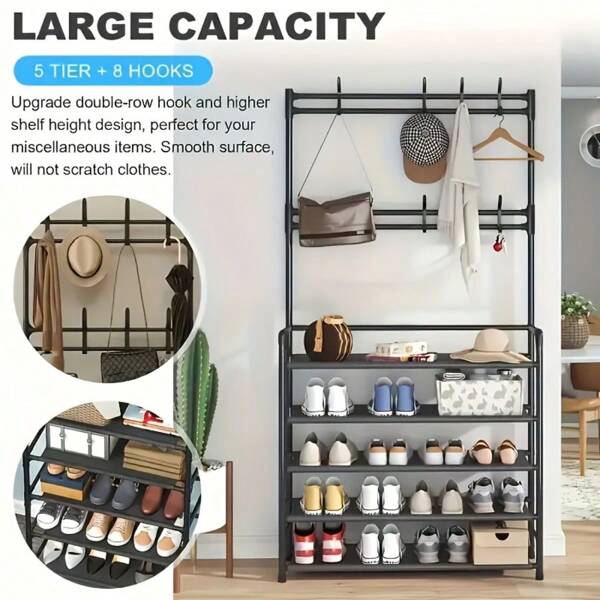 5-Tier Multi-Functional Metal Coat Rack With 8 Double Hooks - Space-Saving Storage Solution For Entryway, Living Room, Bathroom, And Hallway - Freestanding Shoe Rack Provides Ample Storage Space