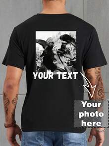 Customized Men's T-Shirt, Input Your Text/Wishes/Funny Text, Upload Your Photos/Couple Photo/Best Friend/Pet/Landscape, Black T-Shirt, Valentine's Day, Holiday Gift, Anniversary Gift Stylish, Fashion, Hipster, Contracted, Easy Costume, Modest Fashion, Minimal Chic, Casual Custom, Unique, Personalized Ideal Gifts For Him Family, Boyfriend, Friends, Children For Anniversaries, For Birthdays, For Holiday/Vacation - Black - View 1
