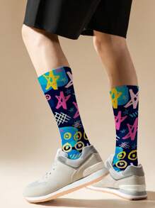 1/2/4/5 pares de calcetines negros tipo tripulación con estampado de flores para hombres, calcetines medianos, calcetines de grafiti callejero, hip hop, rock, calcetines decorativos, unisex, para usar en deportes al aire libre