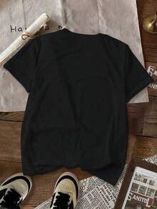 1 Pieza de Camiseta Casual de Moda para Hombres y Mujeres, con Estampado Floral, Corte Ajustado, Manga Corta, Camiseta Gráfica Versátil, fácil de combinar, adecuada para uso diario, estilo urbano, ropa de vacaciones, ropa de fin de semana. - Negro - Ver 2