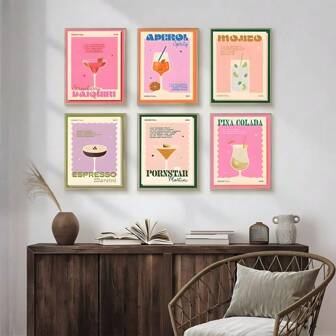 1/6 pièces Œuvre murale sur canevas de boissons cocktails rétro, décoration murale de boissons colorées, peinture murale esthétique mignonne et chic pour le salon, la chambre, la salle de bain, le restaurant, le bar, le couloir, la cuisine. Cadre en option.