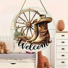 [1pc Rustic Cowboy Sign] Rustic 1pc Cowboy Welcome Sign | Round Wooden Wall Decor With Cowboy Boots, Cactus & Lasso Design, Ideal For Porch & Home, Charming Country Style Gift, Cowboy Hat