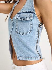 BIANCO LUCCI Women's Casual Sleeveless Single Button Denim Blouse Slit Hem - Blue - View 4