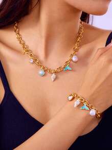 1 pieza Pulsera para mujeres con gota azul, cola de pez, concha y estrella de mar, un regalo de amistad elegante y personalizado, decoración fresca y delicada