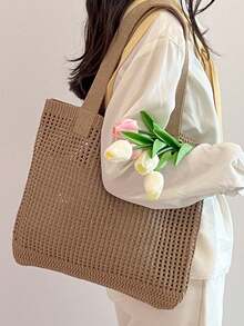 Summer Vacation Beach Bag, Large Capacity Shoulder Bag, Elegant Ladies' Fashion Shoulder Bag, Crochet Travel Bag, Travel Essential, Mother's Day Gift, Bridesmaid Gift Bag, College Student Lunch Bag, Business Women , Beach Bag - Beige - View 9