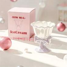 1pc, 6.09oz Ice Cream Cup, Japanese Bowknot Ceramic Dessert Cup, Exquisite Personalized Design And Best Gift Choice For Couple - Multicolor - View 8