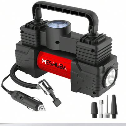 Meshuba 12V 便携式轮胎充气泵带 LED 灯 - 紧凑型空气压缩机，适用于汽车、自行车、摩托车、紧急使用、快速充气和便携