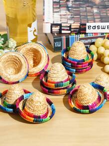 2/1pc Mexican Style Mini Party Hats - Colorful Imitation Straw Sombreros With Intricate Patterns, Machine Decor For Wine Bottles, Small Pets, Party Table & Festive Celebrations, Mexican Party Decorations, Wine Bottle Decor, Vibrant Pattern Design, Woven Texture Finish, Durable Material, Event Planners