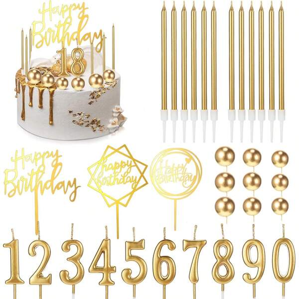 Conjunto de 34 velas decorativas para bolo de feliz aniversário, decoração de bolo faça você mesmo, para aniversário, casamento, comemoração de aniversário (dourado)