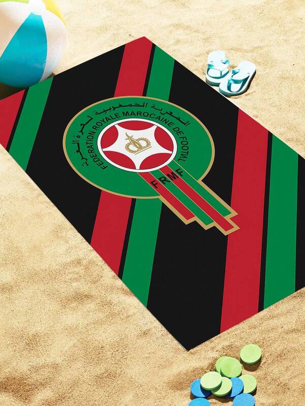 1 pieza Toalla de playa con el logo de fútbol FRMF de Marruecos - Mezcla ligera de poliéster de secado rápido, diseño de fútbol blanco/negro vibrante, toalla rectangular resistente a la arena para piscina, viaje y accesorios de playa, accesorio para el borde de la piscina, toalla deportiva moderna, tela de secado rápido
