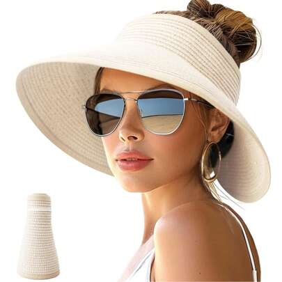Women's Wide Brim Sun Hat, Foldable Beach Ponytail Hat, Travel Sun Protective Cap