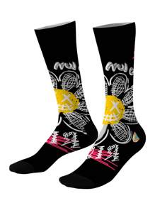 1/2/4/5 pares de calcetines negros tipo tripulación con estampado de flores para hombres, calcetines medianos, calcetines de grafiti callejero, hip hop, rock, calcetines decorativos, unisex, para usar en deportes al aire libre