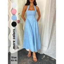 Women's Plain Pocket Zipper Back Dress, Casual Sleeveless Halter Neck A Line Dress For Summer, Ladies Clothes For Beach Holiday, Minimalist Womenswear, Backless Dress, Sundress - 白色 - 查看 4