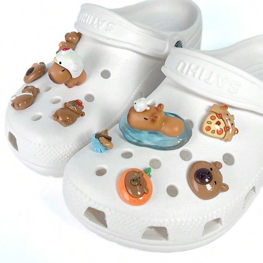 8pcs Cute Capybara Design Shoe Accessories - Adorable Capybaras Decor For Personalized Shoes - Khaki - View 1