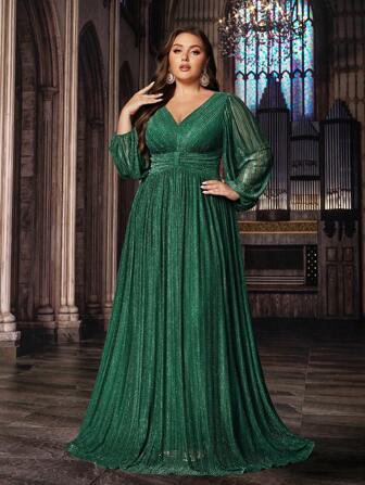 QOQ 优雅大码女式春夏深绿色褶皱长袖 V 领正式礼服派对晚礼服，适合鸡尾酒会、生日