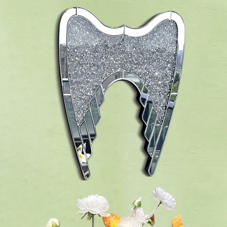 1 buc Decor de perete cu aripă de oglindă, decorațiune cu suprafață oglindită argintie, oglindă din sticlă cu aripi de înger cu stras strălucitor, decor de casă, potrivit pentru sufragerie, dormitor, sufragerie, hol, intrare, birou, cadou de casă nouă, cadou de încălzire a apartamentului, decor modern