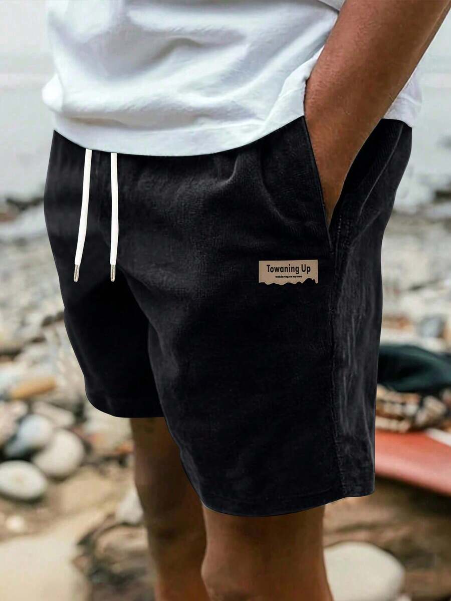 Shorts de veludo cotelê retos e soltos para homens, calças casuais estampadas Five Minutes para um visual minimalista - Preto - Ver 1