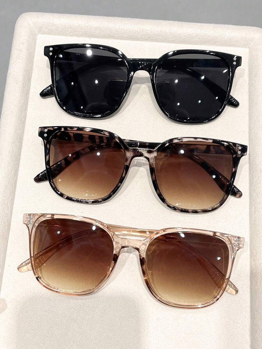 3pcs Plastic Square Full Frame Multi-Color Inlaid Nail Polish Tinted Retro Bohemian Decorative Portable Ins Style Fashion Eyeglasses, Suitable For Women Summer Beach Holiday Costume - 3pcs 黑透茶白豆花 - 查看 1