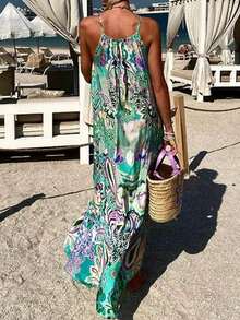 Vestido largo de tirantes con estampado floral, estilo casual y suelto para vacaciones en la playa, talla grande para mujeres