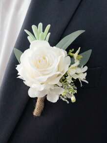 男士象牙色玫瑰胸花，新郎及伴郎适用，人造花，腕花，适合婚礼、周年纪念、正式晚宴、秋季复古乡村婚礼、情人节等场合佩戴。