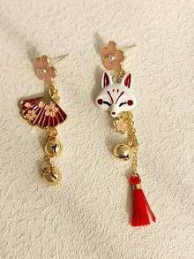 一对可爱狐狸和猫咪不对称设计耳环，适合女士，适合约会