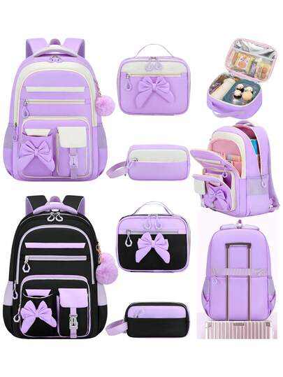 3 件套女孩学校背包套装，带蝴蝶结、午餐盒包和铅笔盒，轻便多口袋学生书包，适合 15.6 英寸笔记本电脑，旅行背包，返校必备品，理想的生日礼物