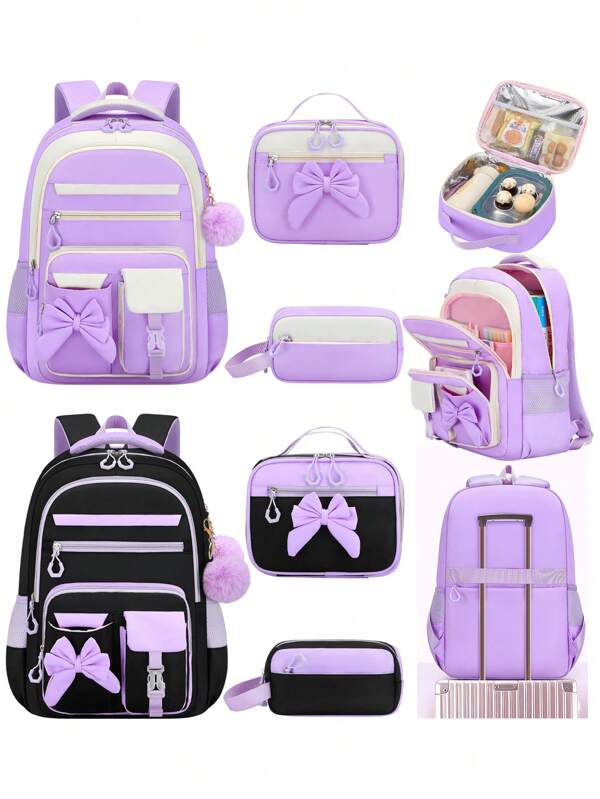 3PCS Girls School Backpack Set With Bowknot, Lunch Box Bag & Pencil Case, Lightweight Multi-Pocket Student Bookbag, Fits 15.6 Inch Laptop, Travel Backpack, Back To School Essential, Ideal Birthday Gift 