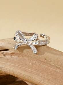 Ewell 独特甜美 925 纯银镀金蝴蝶结锆石开口戒指，适合女士日常佩戴