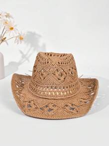 1 Peça Chapéu do Panamá Boêmio de Cor Sólida com Contas e Recortes, Chapéu de Sol Decorativo Casual com Proteção UV, Moda Combinável para Atividades ao Ar Livre, Todas as Estações