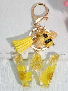1 件首字母钥匙扣，带粉色可爱雏菊干花，女孩/女士包包吊坠装饰，带流苏配饰背包，适合学校汽车配饰哥特 Y2k - 黃色 - 查看 14