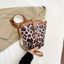 Simple Retro Leopard Print Bucket Bag For Women, New Casual Fashion One Shoulder Crossbody Bag, Textured Leisure Crossbody
