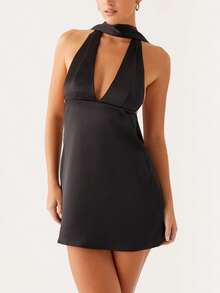 Women's Sleeveless Halter Backless Mini Dress Deep V Neck A-Line Casual Party Short Dresses,With Scarf - Black - View 1
