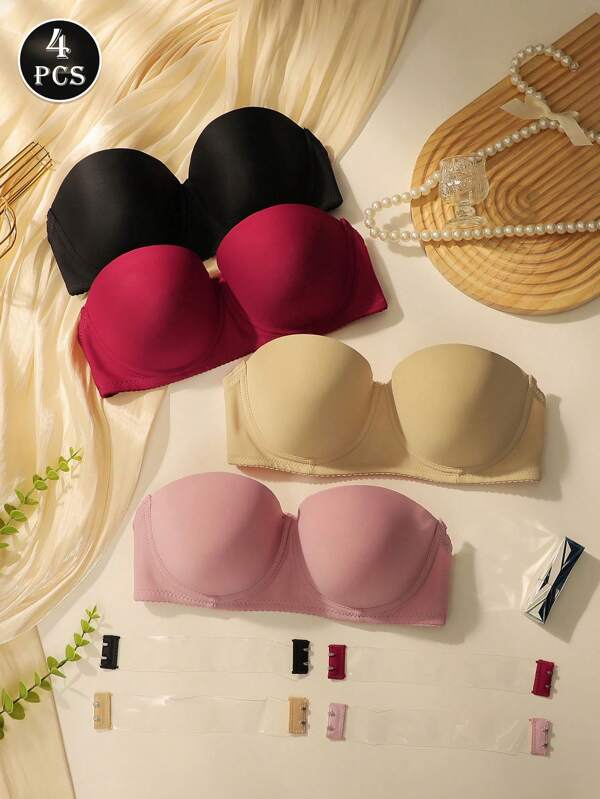 Set de 4 sujetadores bandeau de unicolor con aros para mujer, con tirantes desmontables