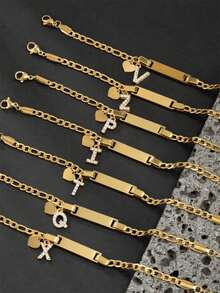 Personalized Custom Engraved Name Bar Bracelet Gold Figaro Chain With Heart & Rhinestone Initial Letter Charms Custom Text Adjustable Wristband Jewelr - Gold - View 3