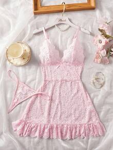 Summer Sexy Lingerie Nightgown, Pink Lace Floral V-Neck Slip Dress, Spaghetti Strap Open Back Sheer Fitted Chemise With Thong G-String 2pcs Set, Bowknot Decor Triangle Cup - Pink - View 6