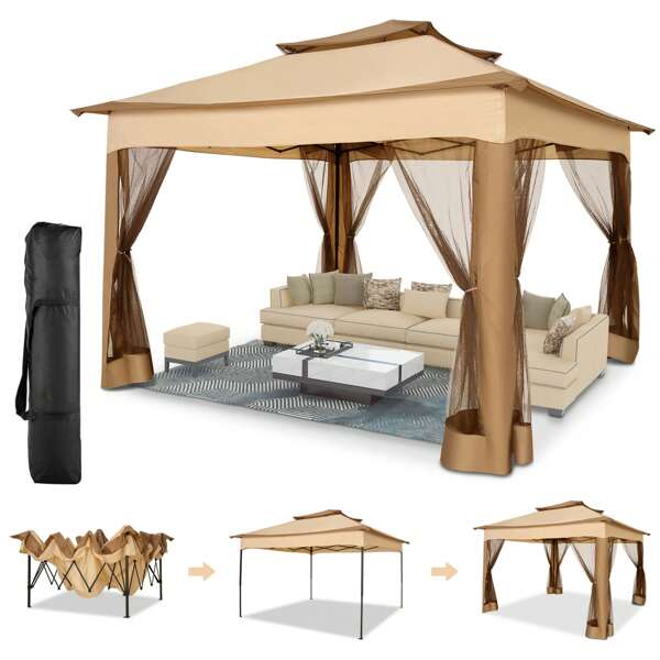 Gazebo pieghevole a scomparsa 3,3x3,3 m, gazebo ombrellone con zanzariera, protezione UV 50+, doppio tetto con foro di ventilazione, inclusa borsa per il trasporto,