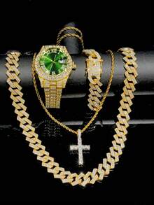 4pcs/Set Men's Watch And Hip Hop Cuban Link Necklace Bracelet Set (No Gift Box) - B - View 16