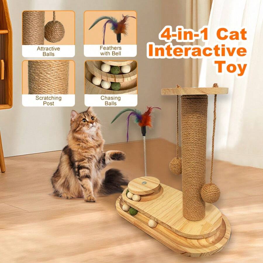Cat Toy Pine Wood Cat Scratch Pole Vertical Sisal Cat Climbing Frame Wear-Resistant And Non Shedding Cat Turntable Integrated Cat Toy Modern Cat Scratching Post - Stylish Decor For Home, Sturdy & Pet-Friendly Cat Scratch Tree With Ball - Fun Playtime For Kittens & Cats, Reduce Furniture Damage - 灰色 - 查看 1